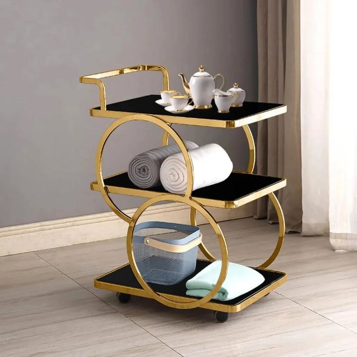 Modern  Metal Rolling 3-Tier Trolley With Handle In Black & Gold (1188)