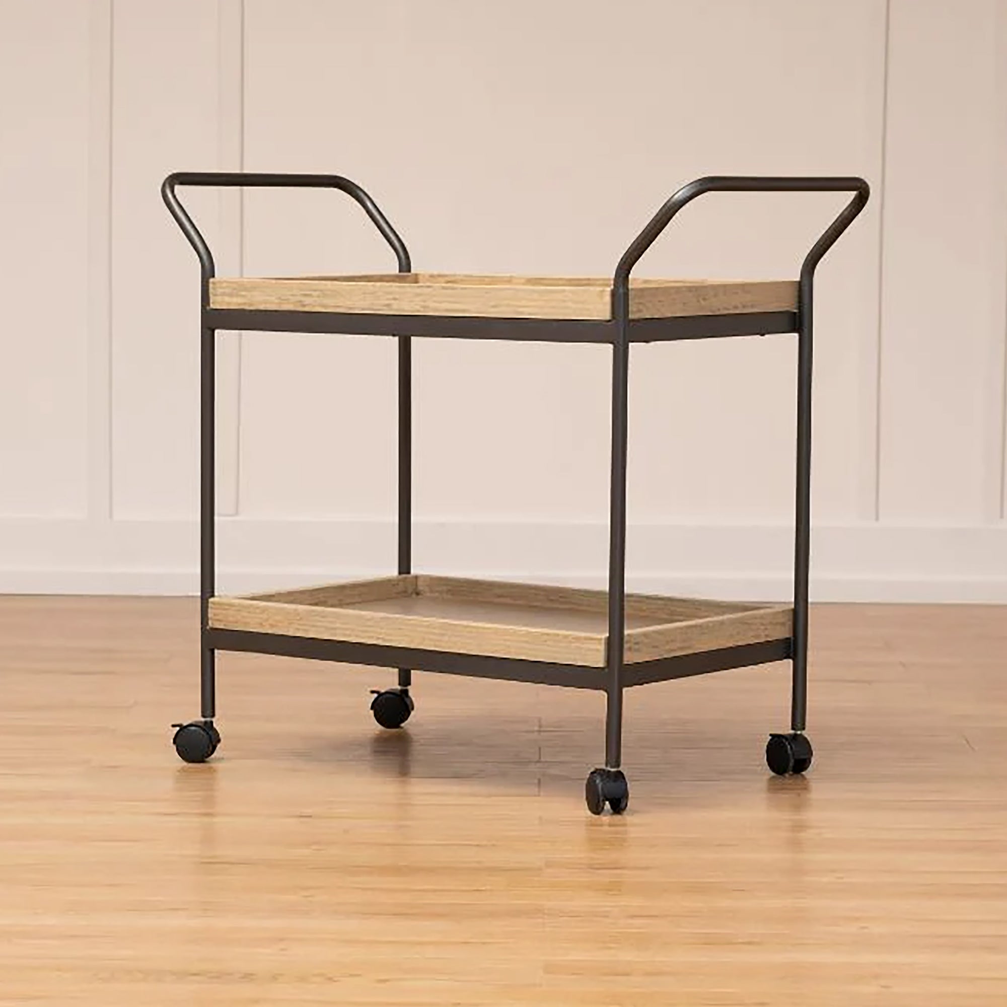 Modern Style Wooden Serving Trolly With Metal Frame In Black (1501)