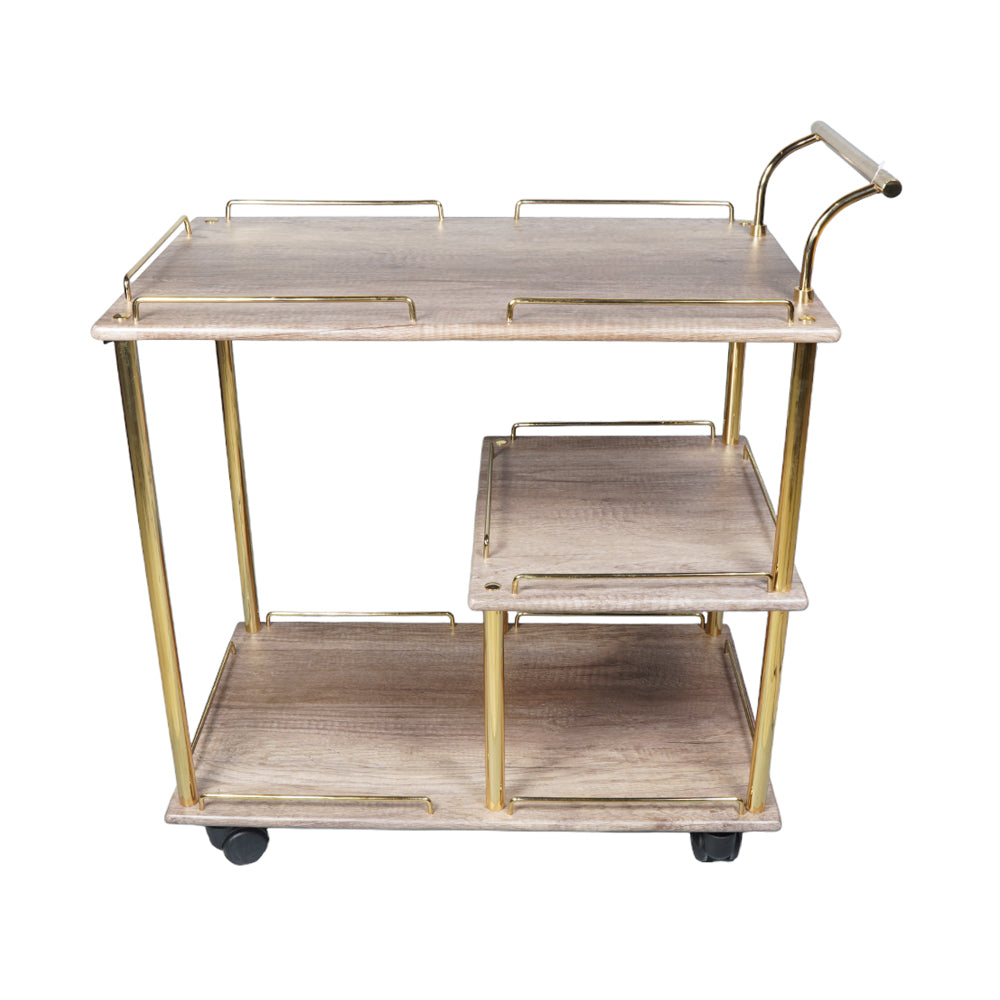 3 tier Wooden Serving Trolly In Gold Frame and Light Brown-1922(Unassembled)