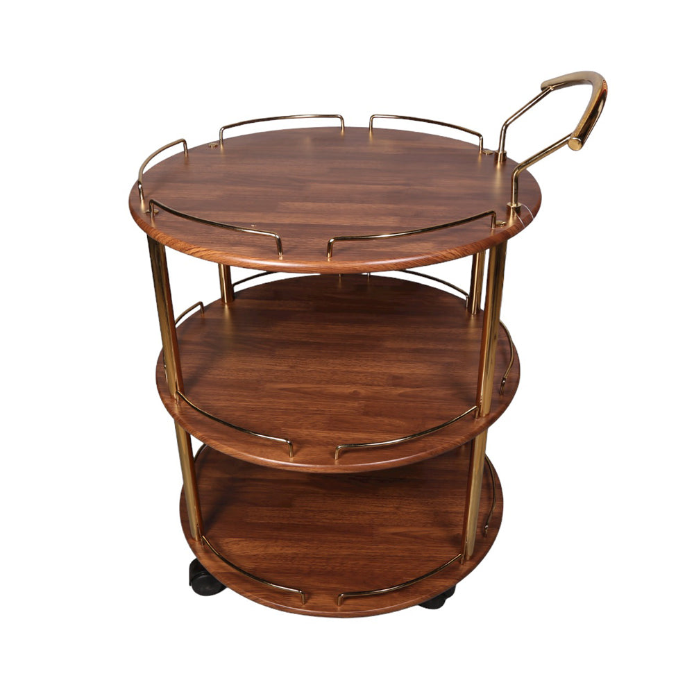 3 Tier Round Wooden Serving Trolly In Gold Frame and Dark Brown Top-1923(Unassembled)