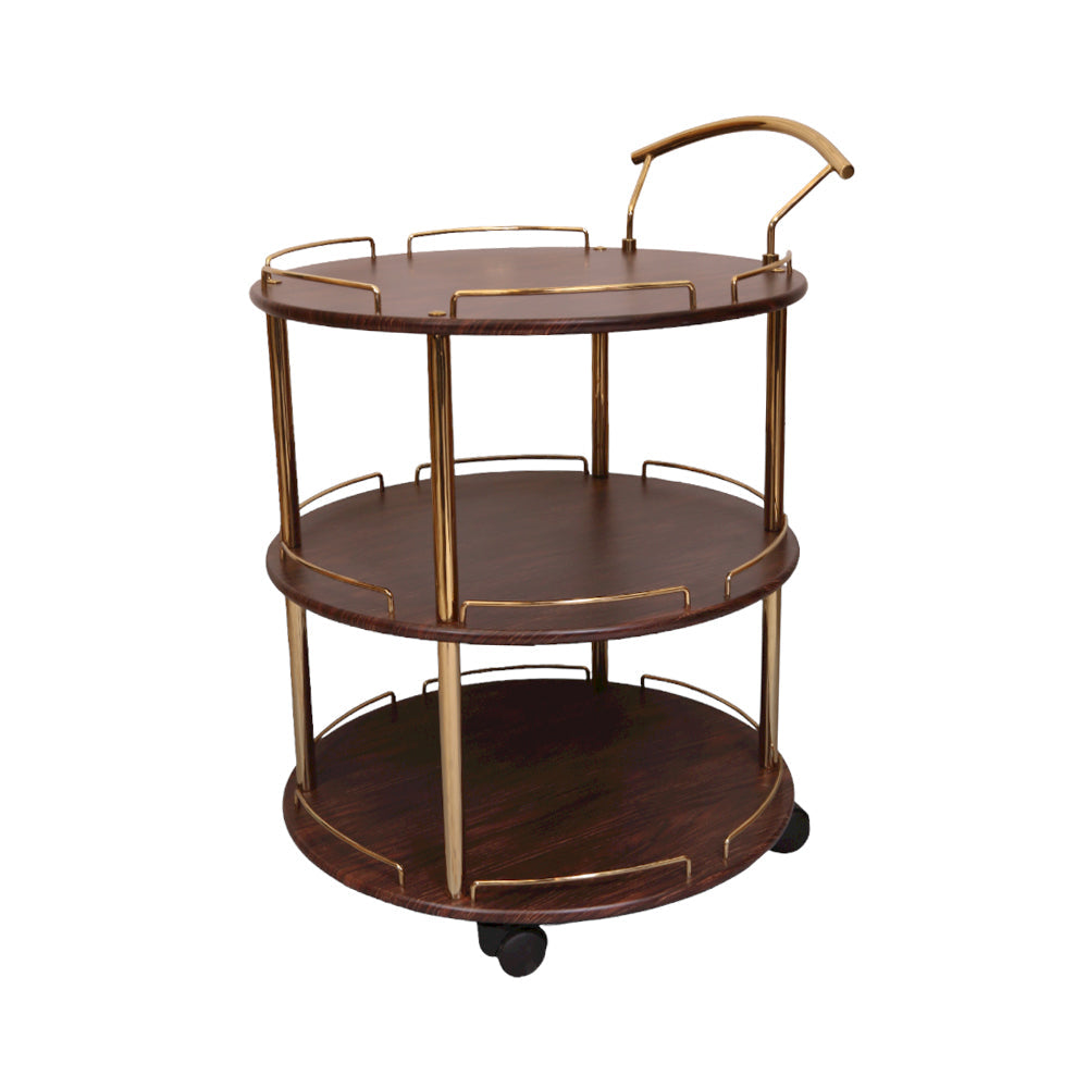 3 Tier Round Wooden Serving Trolly In Gold Frame and Dark Brown Top-1923(Unassembled)