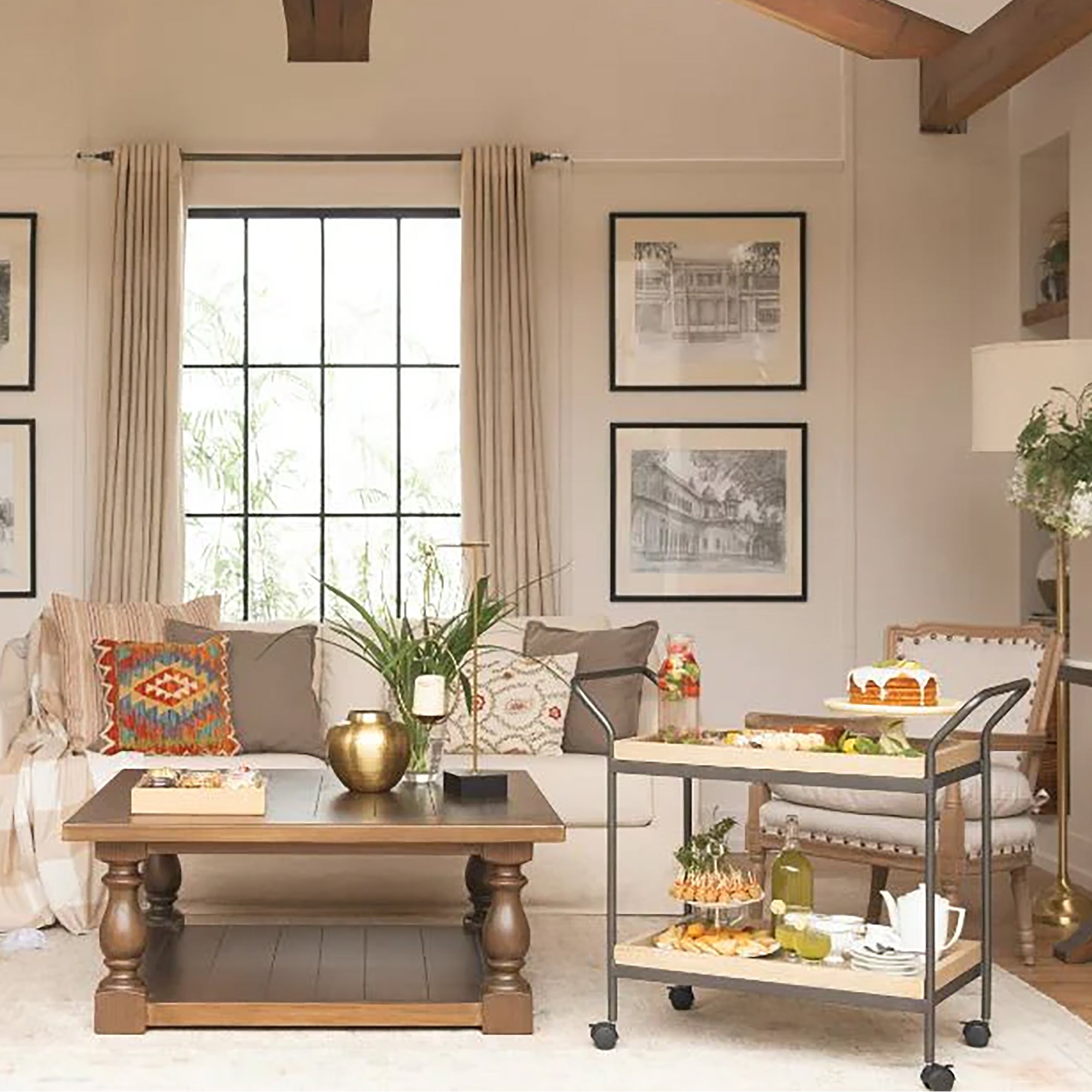 Modern Style Wooden Serving Trolly With Metal Frame In Black (1501)