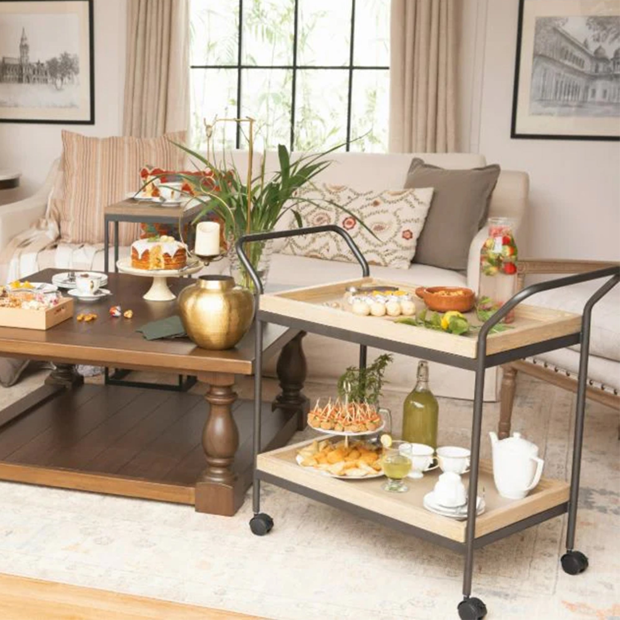 Modern Style Wooden Serving Trolly With Metal Frame In Black (1501)