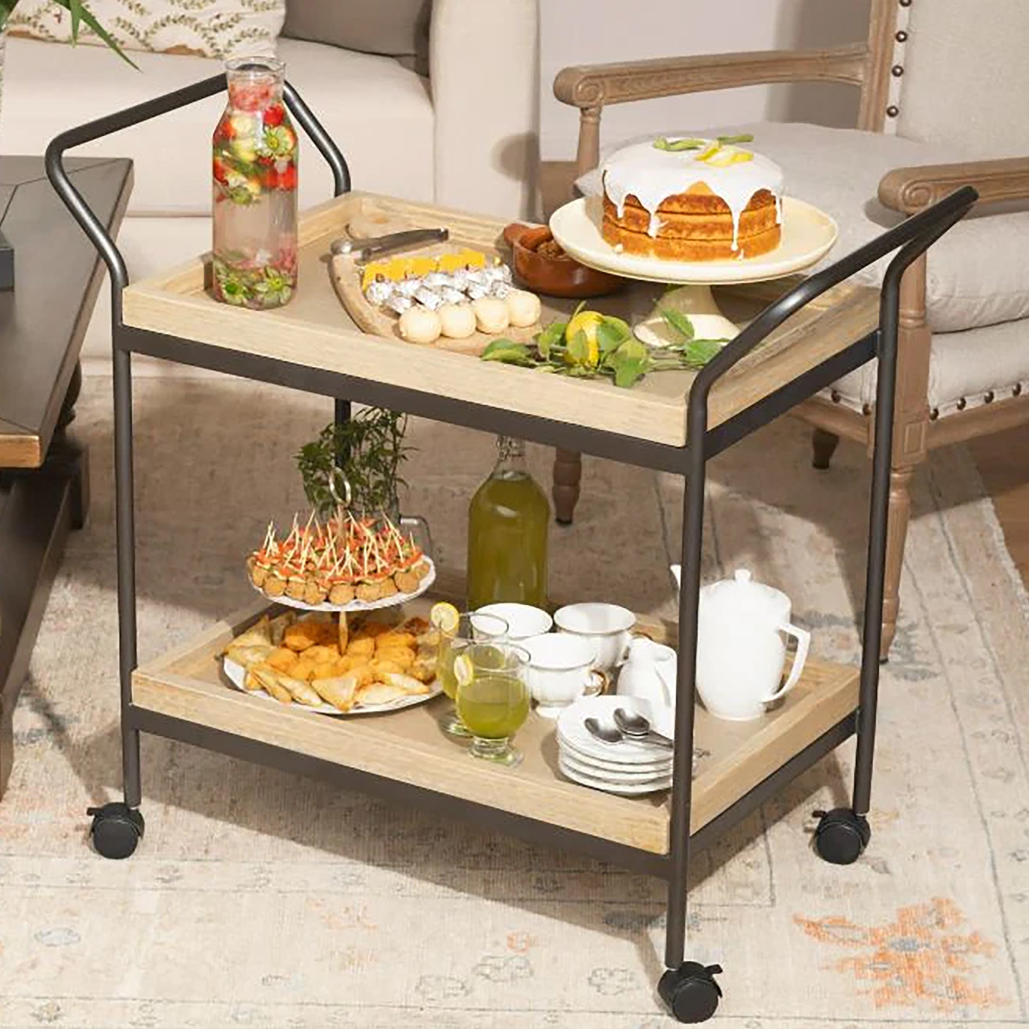 Modern Style Wooden Serving Trolly With Metal Frame In Black (1501)