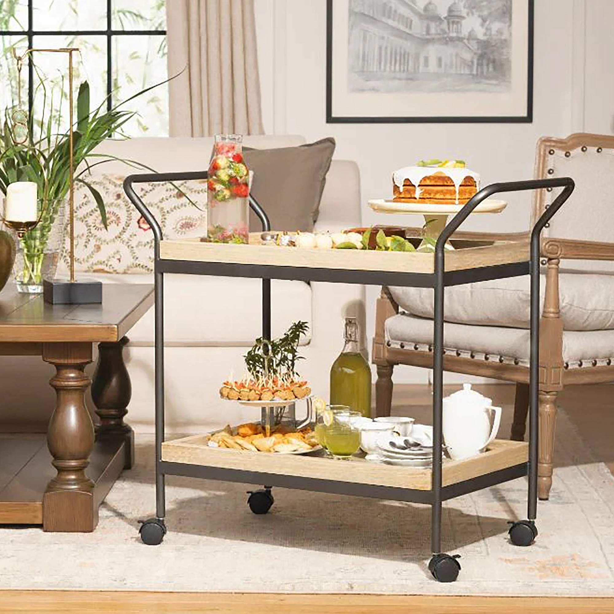 Modern Style Wooden Serving Trolly With Metal Frame In Black (1501)