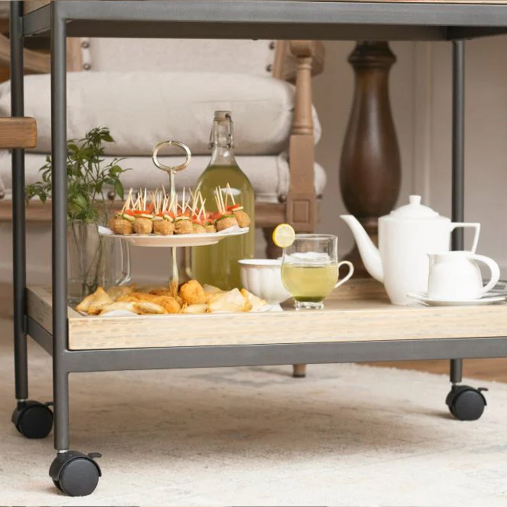 Modern Style Wooden Serving Trolly With Metal Frame In Black (1501)
