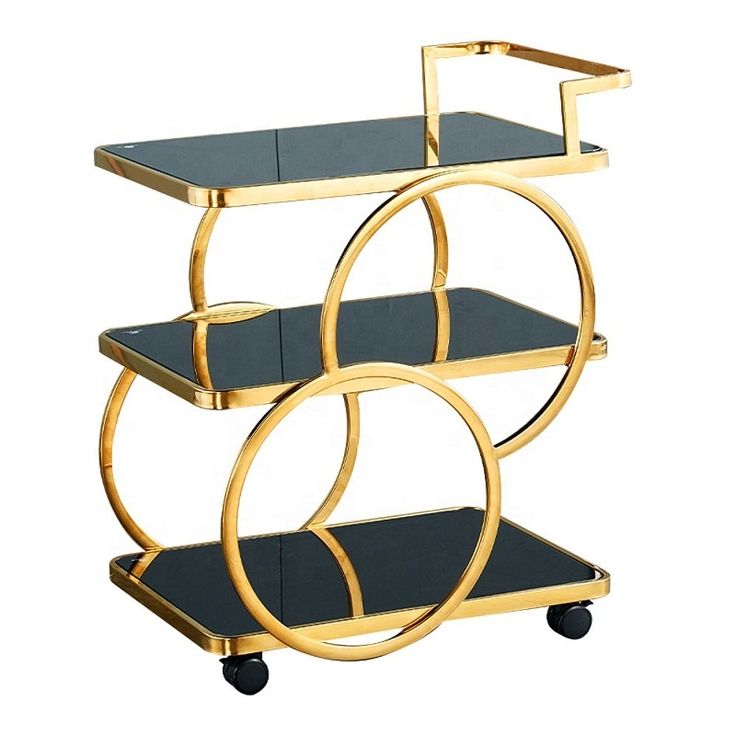 Modern  Metal Rolling 3-Tier Trolley With Handle In Black & Gold (1188)