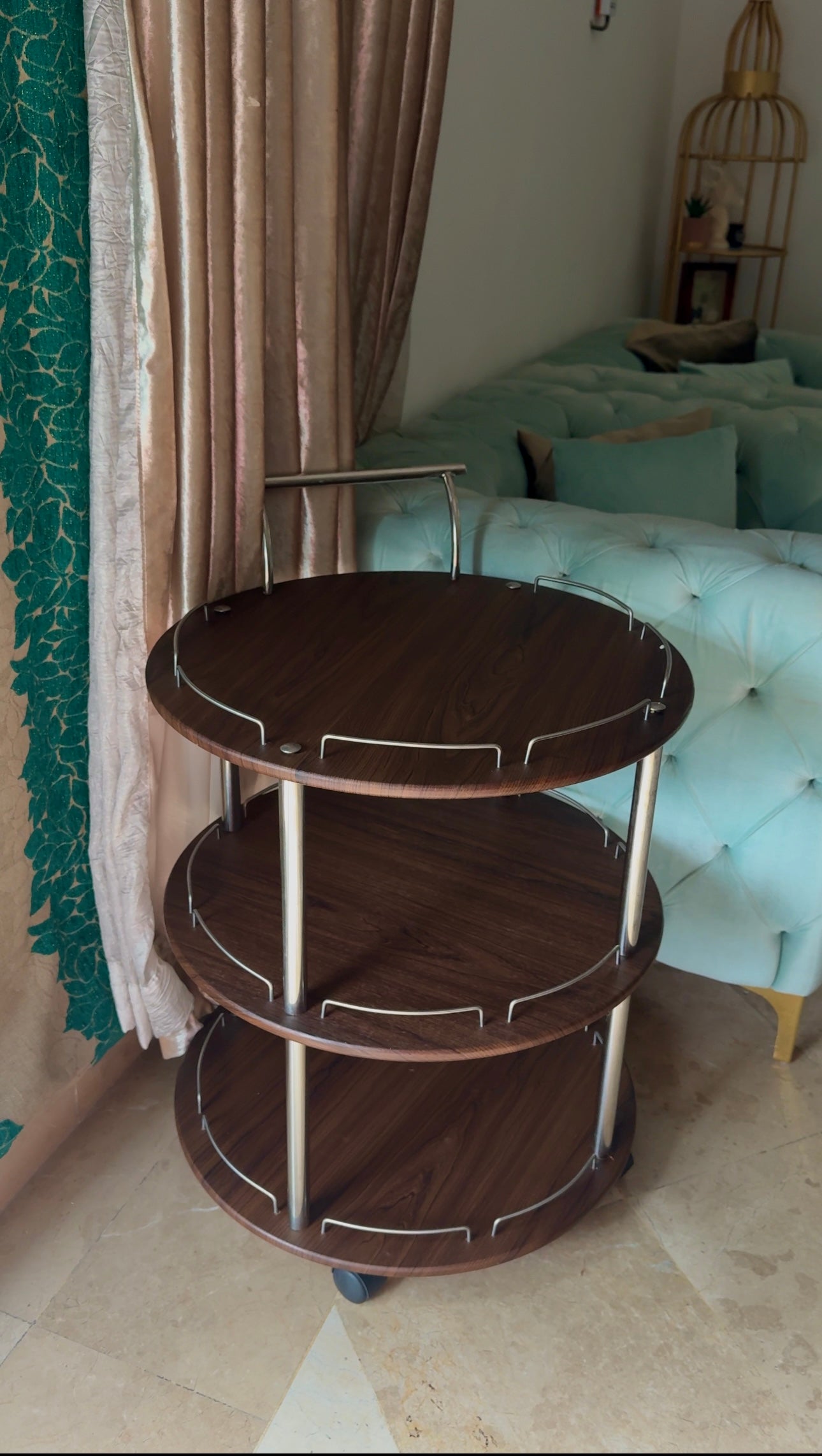 3 Tier Round Wooden Serving Trolly in Stainless steel frame and Top Dark Brown