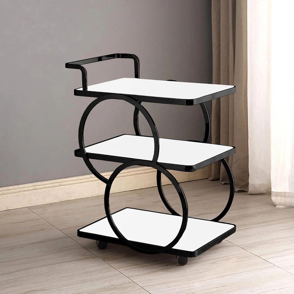 Modern Side ring 3-Tier Trolley With Handle Black Base And White Acrylic Glass (1199)