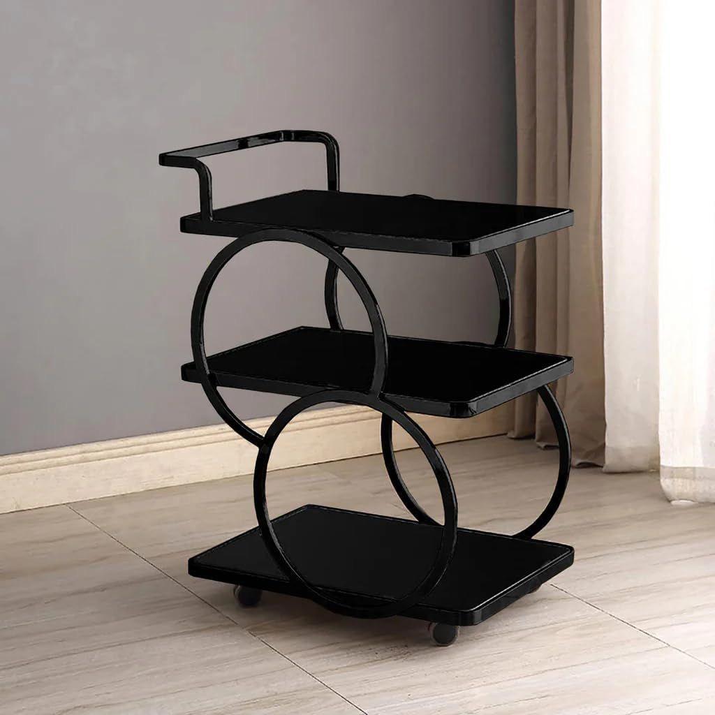 Modern Side Ring 3-Tier Trolley With Handle Black Base And Black Glass(1198)