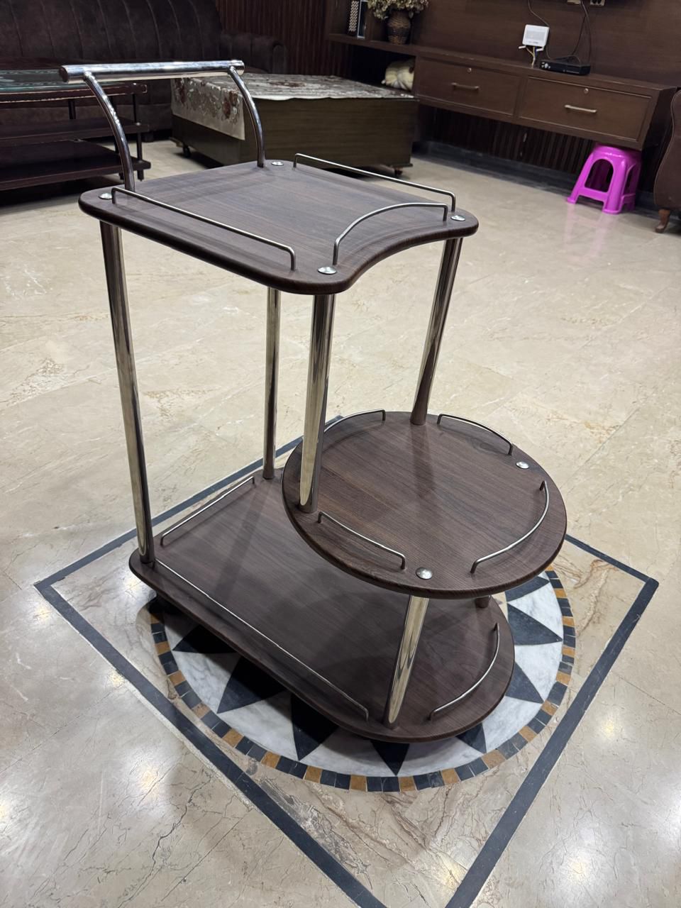 Baggi Style Wooden Style Tea Trolly In Stainless steel and Dark brown(UnAssembled)
