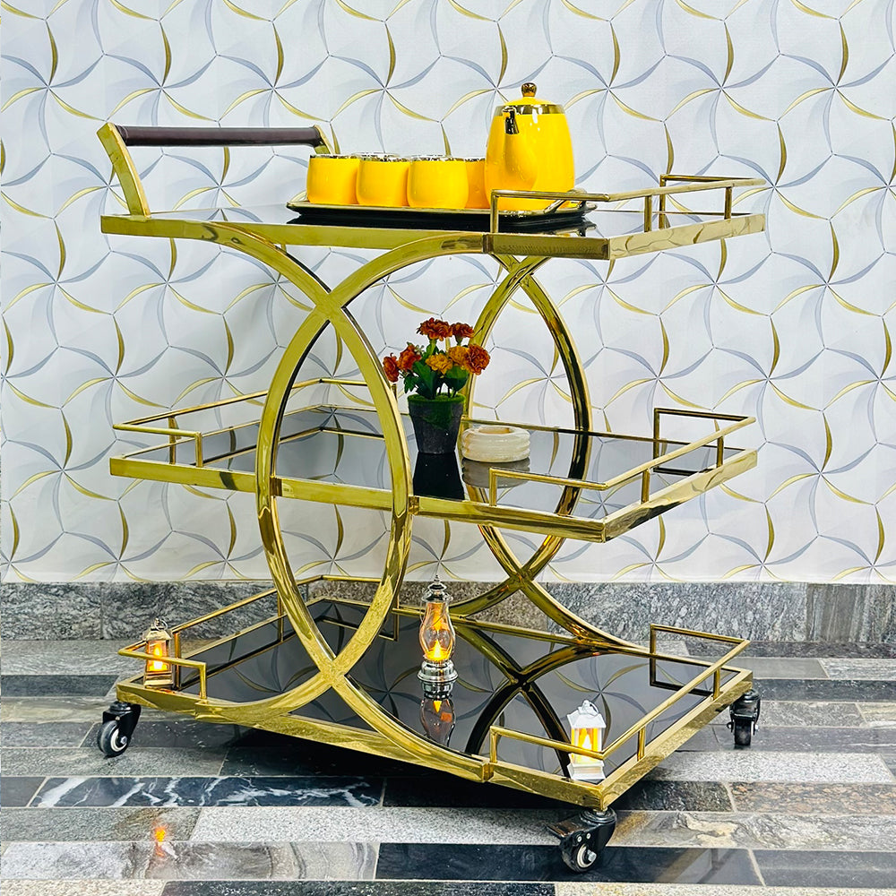 Metal Rolling Rectangular 3-Tier Trolley With Handle In Gold and Black Acrylic Glass (1206)