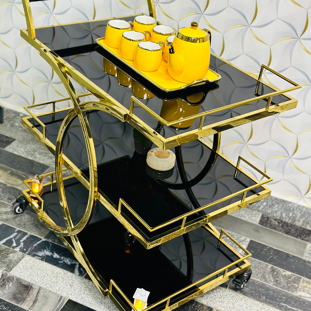 Metal Rolling Rectangular 3-Tier Trolley With Handle In Gold and Black Acrylic Glass (1206)