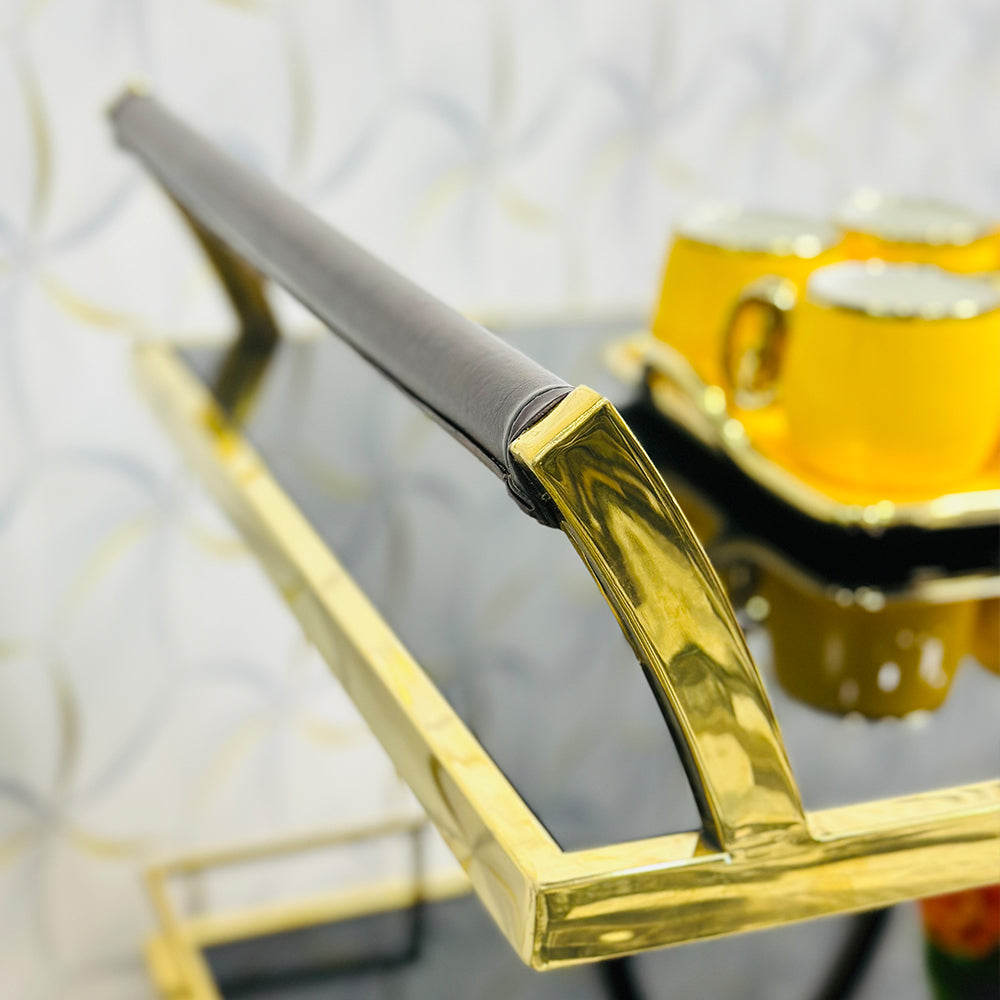 Metal Rolling Rectangular 3-Tier Trolley With Handle In Gold and Black Acrylic Glass (1206)