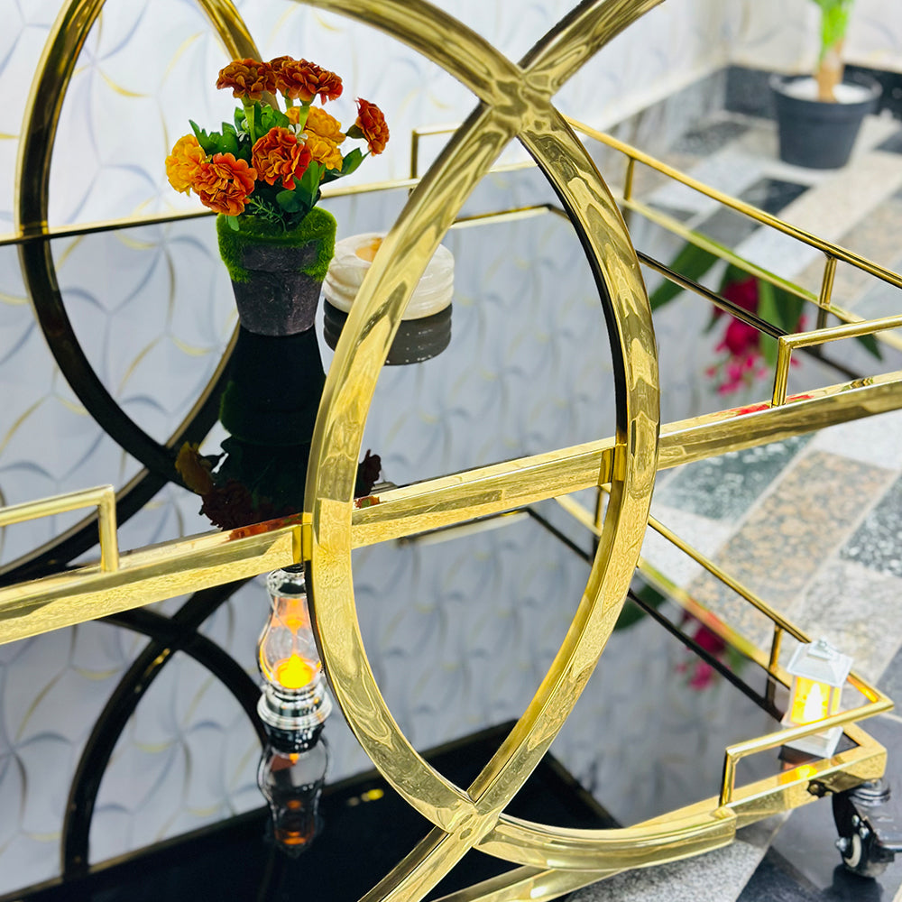 Metal Rolling Rectangular 3-Tier Trolley With Handle In Gold and Black Acrylic Glass (1206)