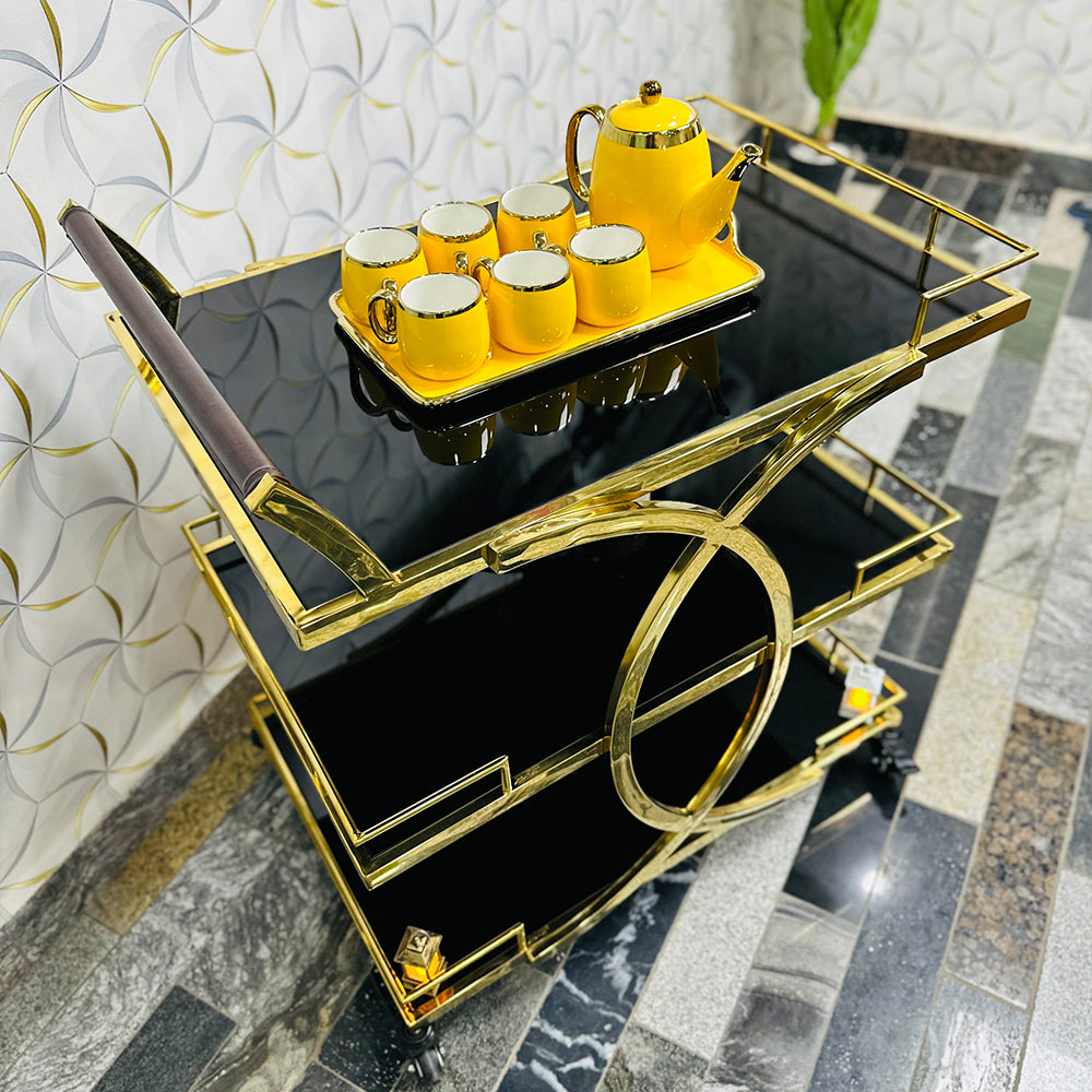 Metal Rolling Rectangular 3-Tier Trolley With Handle In Gold and Black Acrylic Glass (1206)